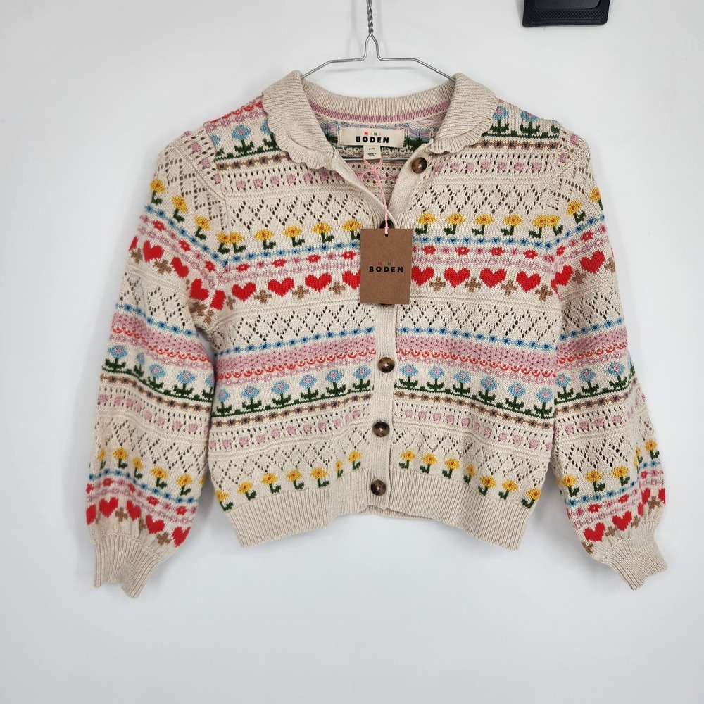 Mini Boden 6-7 YR Oatmeal Marl Flowers Collared Cardigan NWT
